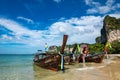 Krabi, Thailand - NOVEMBER 23, 2019: Amazing view of beautiful beach with longtale boats. Location: Railay beach, Krabi, Thailand