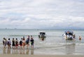 KRABI, THAILAND - OCTOBER 26, 2013: Andaman sea, Ao Nang beach, tourists landing speedboats