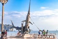 Krabi Town, Thailand - November 23 2019: Giant statue of Sailfish at Ao Nang Beach in Krabi Town, Thailand