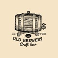 Kraft beer barrel logo. Old brewery icon. Hand sketched keg illustration. Vector vintage lager, ale label or badge. Royalty Free Stock Photo