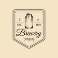 Kraft beer can logo. Old brewery icon. Lager retro sign. Hand sketched ale illustration. Vector vintage label or badge. Royalty Free Stock Photo
