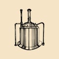 Kraft beer kettle illustration. Old brewery logo. Lager retro sign with hand sketched tank. Vector ale label or badge.