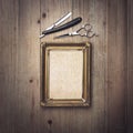 Kraft canvas with a vintage frame and barber tools Royalty Free Stock Photo