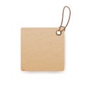 Kraft cardboard label hanging on cord. Craft paper, square carton price tag mockup. Blank card with loop and string Royalty Free Stock Photo