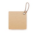 Kraft cardboard label hanging on cord. Craft paper, square carton price tag mockup. Blank card with loop and string