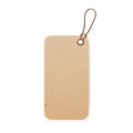 Kraft cardboard label on string, thread. Craft paper carton tag hanging on twine, cord with loop. Blank rectangle brown Royalty Free Stock Photo