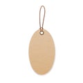 Kraft cardboard tag with loop, hanging on string. Craft paper label on tied twine, cord. Blank beige carton badge mock