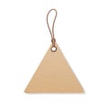 Kraft cardboard triangle label hanging on string. Craft paper tag on twine with loop. Blank carton beige badge on thread