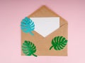 A kraft envelope and a white piece of paper, with monstera paper leaves at the top