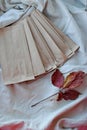 Kraft paper bags with autumn leaves on vintage linen fabric background