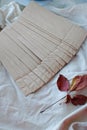 Kraft paper bags with autumn leaves on vintage linen fabric background