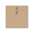 Kraft paper square string tie envelope on white.