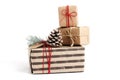 Kraft stylish christmas gift boxes isolated on white Royalty Free Stock Photo