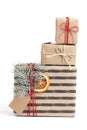Kraft stylish christmas gift boxes isolated on white