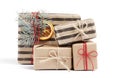 Kraft stylish christmas gift boxes isolated on white