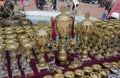 Kragujevac, Serbia - April 9, 2017: Dog trophies with golden and silver medals on the table. C.A.C.I.B