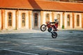 Kragujevac, Serbia - July 18, 2016: Willy motorcycle stunt. Extreme biker ride motocycle on one wheel in Stara Livnica, old factor