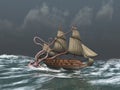 Kraken attacking an ancient ship in a rough sea