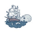 Kraken Attacking Sailing Galleon Doodle Art Color