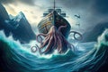 Kraken the giant octopus under the deep sea attacking and sinking the ship background. Digital art illustration. Mythical fantasy