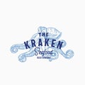 The Kraken Seafood and Fish Restaurant Abstract Vector Sign, Symbol or Logo Template. Hand Drawn Octopus with Classy Royalty Free Stock Photo