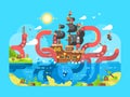 Kraken ship sinks design flat Royalty Free Stock Photo