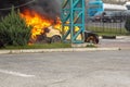 Krakovets, Ukraine - August, 2019: Burning car at the gates of a closed area. It caught fire on the go due to a faulty power