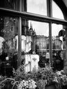 Krakow, architecture, reflections in shop windows. Artistic look in black and white.