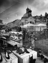 Krakow, architecture, reflections in shop windows. Artistic look in black and white.
