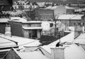 Krakow in Christmas time, aerial view on snowy roofs in central part of city. BW photo. Poland. Europe Royalty Free Stock Photo