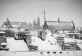 Krakow in Christmas time, aerial view on snowy roofs in central part of city. Wawel Castle and the Cathedral. BW photo. Poland. Royalty Free Stock Photo