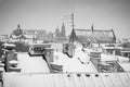 Krakow in Christmas time, aerial view on snowy roofs in central part of city. Wawel Castle and the Cathedral. BW photo. Poland. Royalty Free Stock Photo