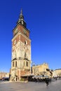 Krakow, Lesser Poland / Poland - 2017/03/28: Cracow Old Town, Town Hall Tower and medieval tenements by Main Market Square