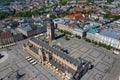 Krakow Old Town Aerial View. Main Market Square Rynek, old cloth hall Sukiennice, Church of St. Adalbert or St. Wojciech.