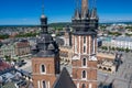 Krakow Old Town Aerial View. Main Market Square Rynek, old cloth hall Sukiennice, St. Mary`s Basilica Bazylika Mariacka. Royalty Free Stock Photo