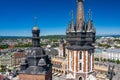 Krakow Old Town Aerial View. Main Market Square Rynek, old cloth hall Sukiennice, St. Mary`s Basilica Bazylika Mariacka.