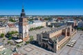 Krakow Old Town Aerial View. Main Market Square Rynek, old cloth hall Sukiennice, Church of St. Adalbert or St. Wojciech.