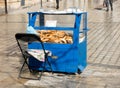 Krakow, Old Town polish bagels, pretzles, obwarzanki street food stand closeup, nobody. Selling obwarzanek krakowski