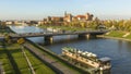 KRAKOW, POLAND - Aerial view of the Vistula River in the historic city center.