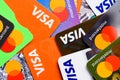 Close-up Visa and MasterCard plastic credit payment cards top view Royalty Free Stock Photo