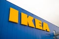 Krakow, Poland - April 26, 2022: Huge business furniture ikea banner Store.Yellow text. IKEA sign.