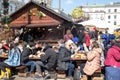 KRAKOW, POLAND, April 2, 2018, Many people sit at large wooden t Royalty Free Stock Photo