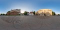 KRAKOW, POLAND - AUGUST 2022: full 360 hdri panorama in narrow streets near church and historical buildings with a lot of