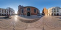 KRAKOW, POLAND - AUGUST 2022: full 360 hdri panorama in narrow streets near church and historical buildings with a lot of