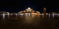 KRAKOW, POLAND - AUGUST 2022: night full 360 panorama on main market square in center of old town with historical buildings, Royalty Free Stock Photo