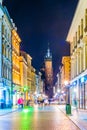 KRAKOW, POLAND, AUGUST 11, 2016: Night view of the Florianska street with the saint Mary church in Krakow/Cracow, Poland