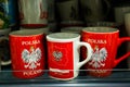 Krakow Poland: Beautiful souvenir mugs for tourists. Sale in the market