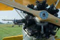 Krakow, Poland - 1.9.2019: Bi-plane engine wooden propeller. Airplane airscrew on airshow. Aviation and technlogy symbol.