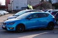 Krakow, Poland 03.15.2020: Blue seat Leon FR in the Parking lot of the Commission car center among other cars . Sale of Commission