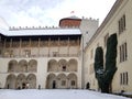 KRAKOW, POLAND, 2021 - Corner of the tiered arcaded inner courtyard in the Wawel Royal Castle. Royalty Free Stock Photo